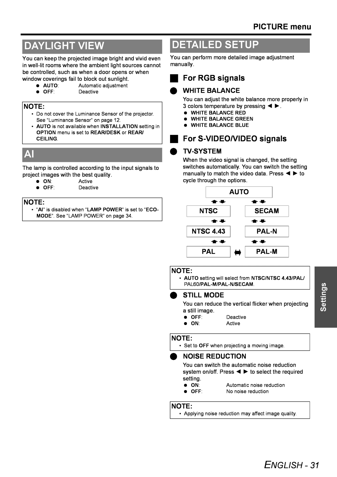 Panasonic PT-LB51NTU Daylight View, Detailed Setup, PICTURE menu, For RGB signals, For S-VIDEO/VIDEO signals, Tv-System 