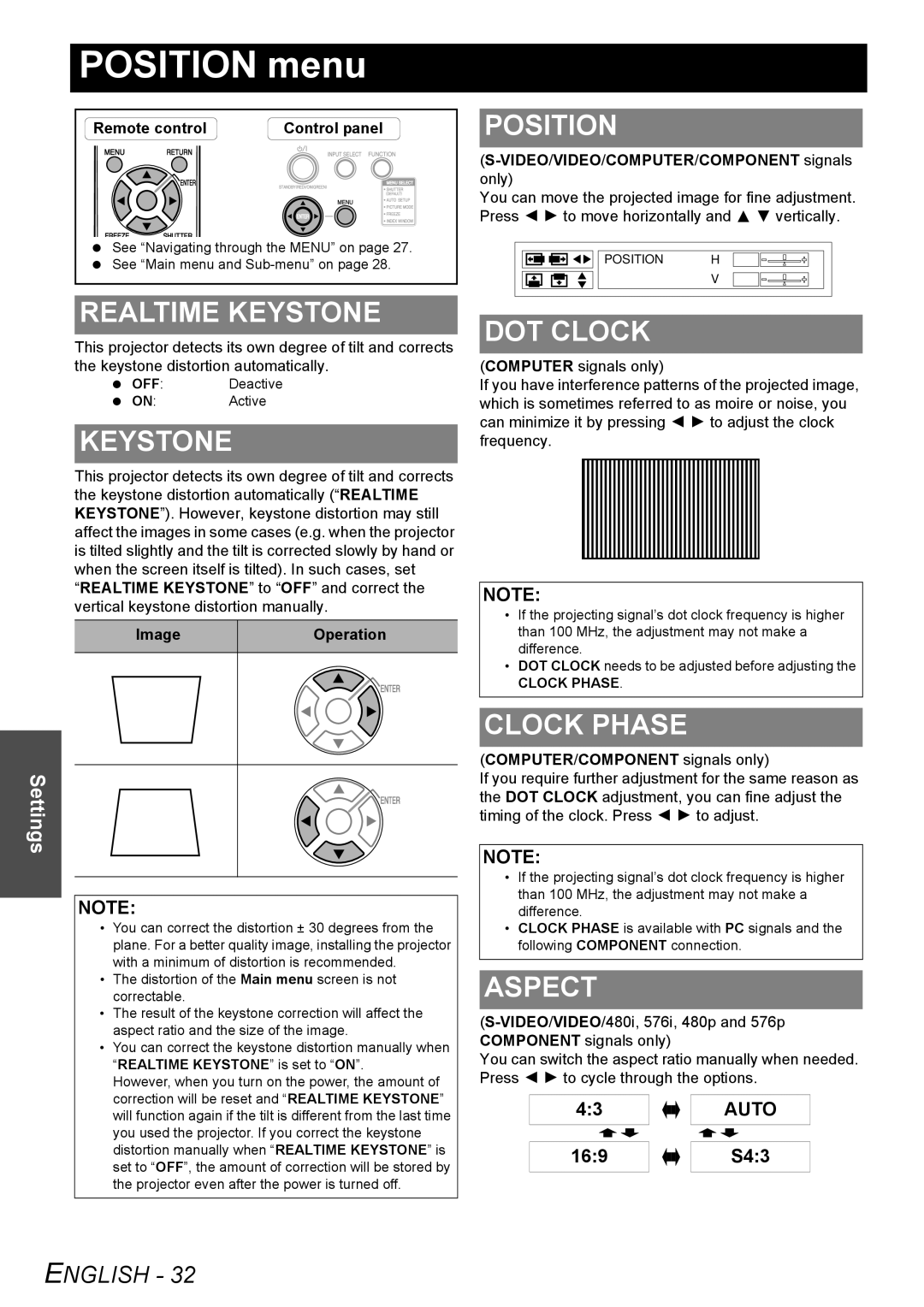 Panasonic PT-LB51NTU POSITION menu, Realtime Keystone, Position, Dot Clock, Clock Phase, Aspect, English, Settings, Auto 