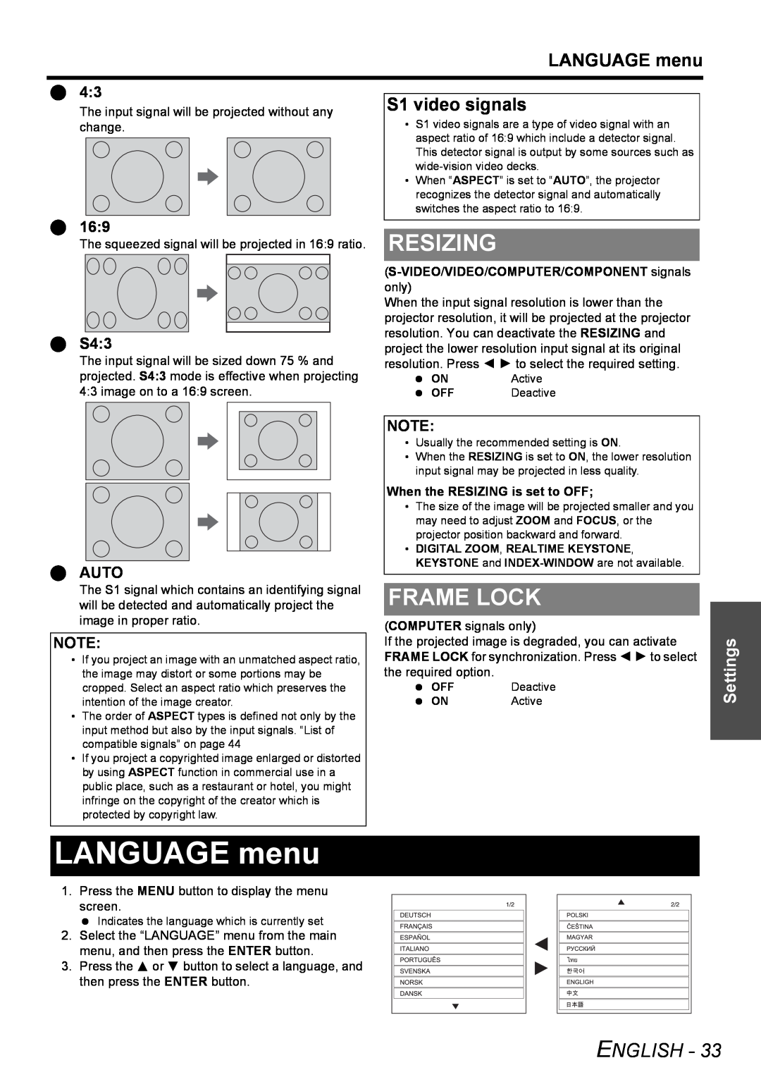 Panasonic PT-LB51NTU operating instructions LANGUAGE menu, Resizing, Frame Lock, S1 video signals, English, Settings, Auto 