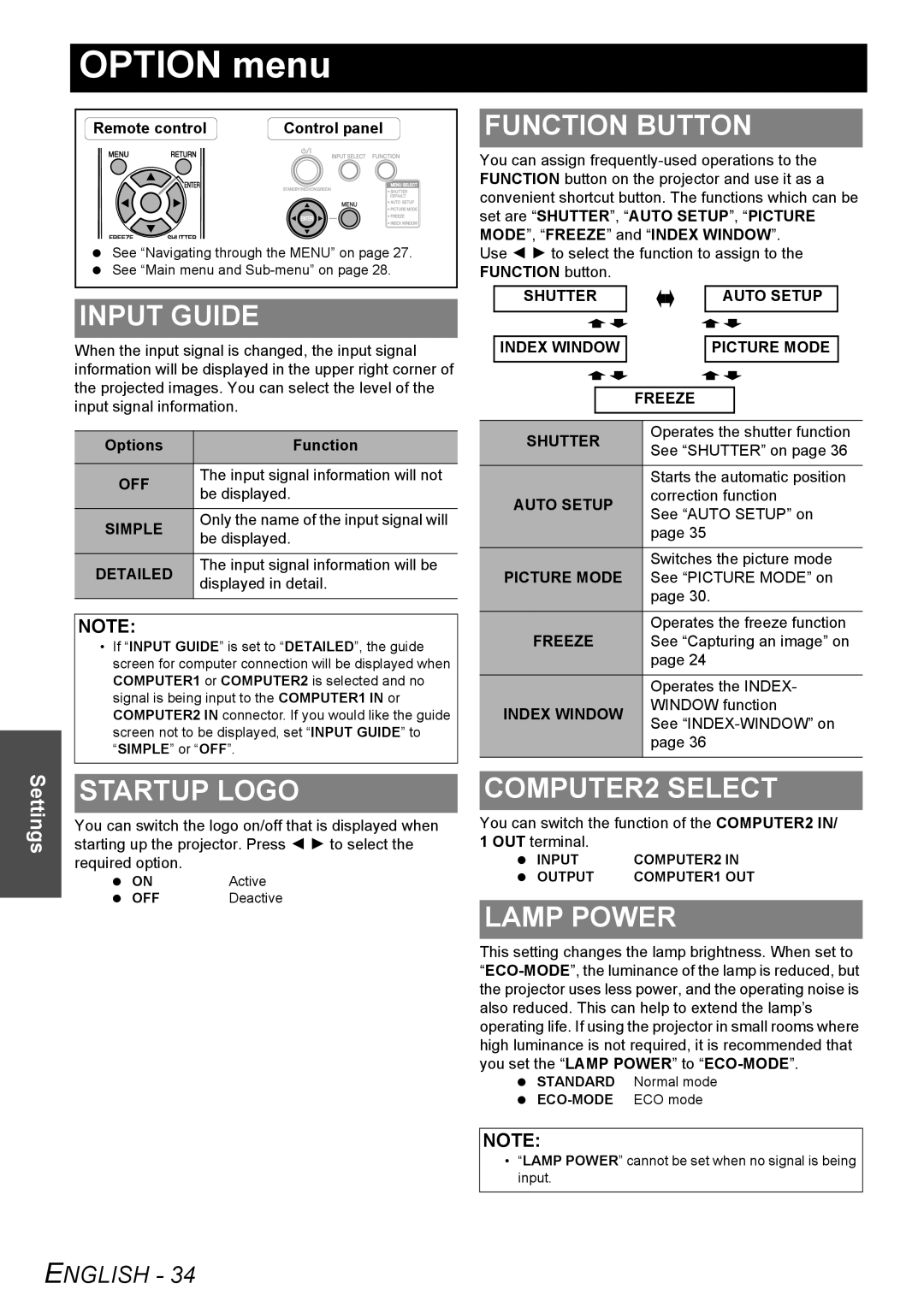 Panasonic PT-LB51NTU OPTION menu, Input Guide, Function Button, Startup Logo, COMPUTER2 SELECT, Lamp Power, English 