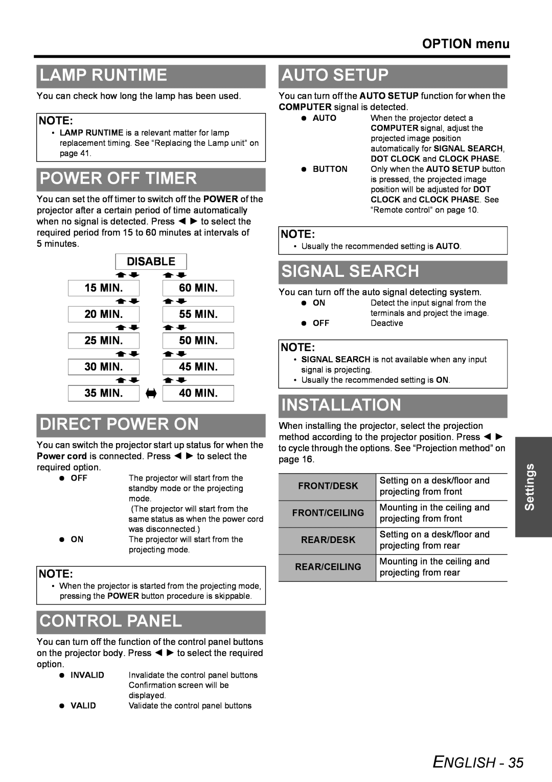 Panasonic PT-LB51NTU Lamp Runtime, Power Off Timer, Auto Setup, Signal Search, Direct Power On, Control Panel, OPTION menu 