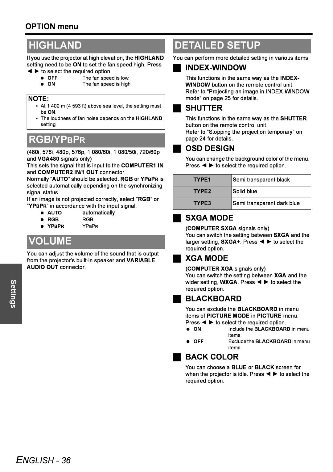 Panasonic PT-LB51NTU Highland, Index-Window, Shutter, Osd Design, Sxga Mode, Xga Mode, Blackboard, Back Color, English 