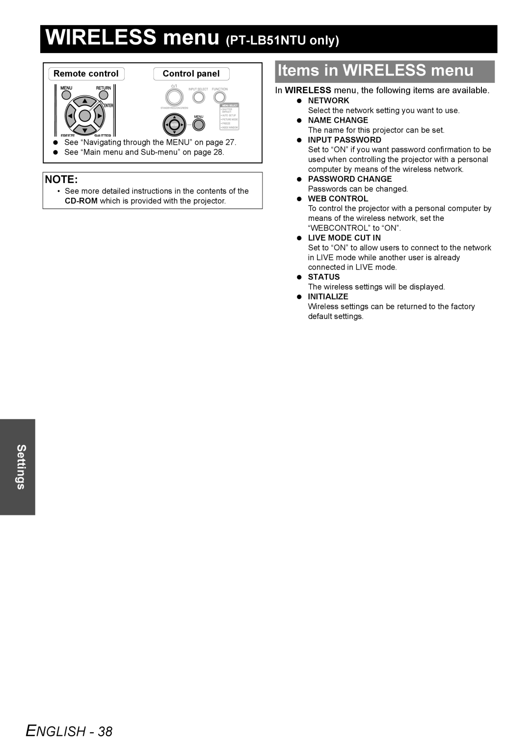 Panasonic Items in WIRELESS menu, English, WIRELESS menu PT-LB51NTU only, Settings, Network, Name Change, Web Control 