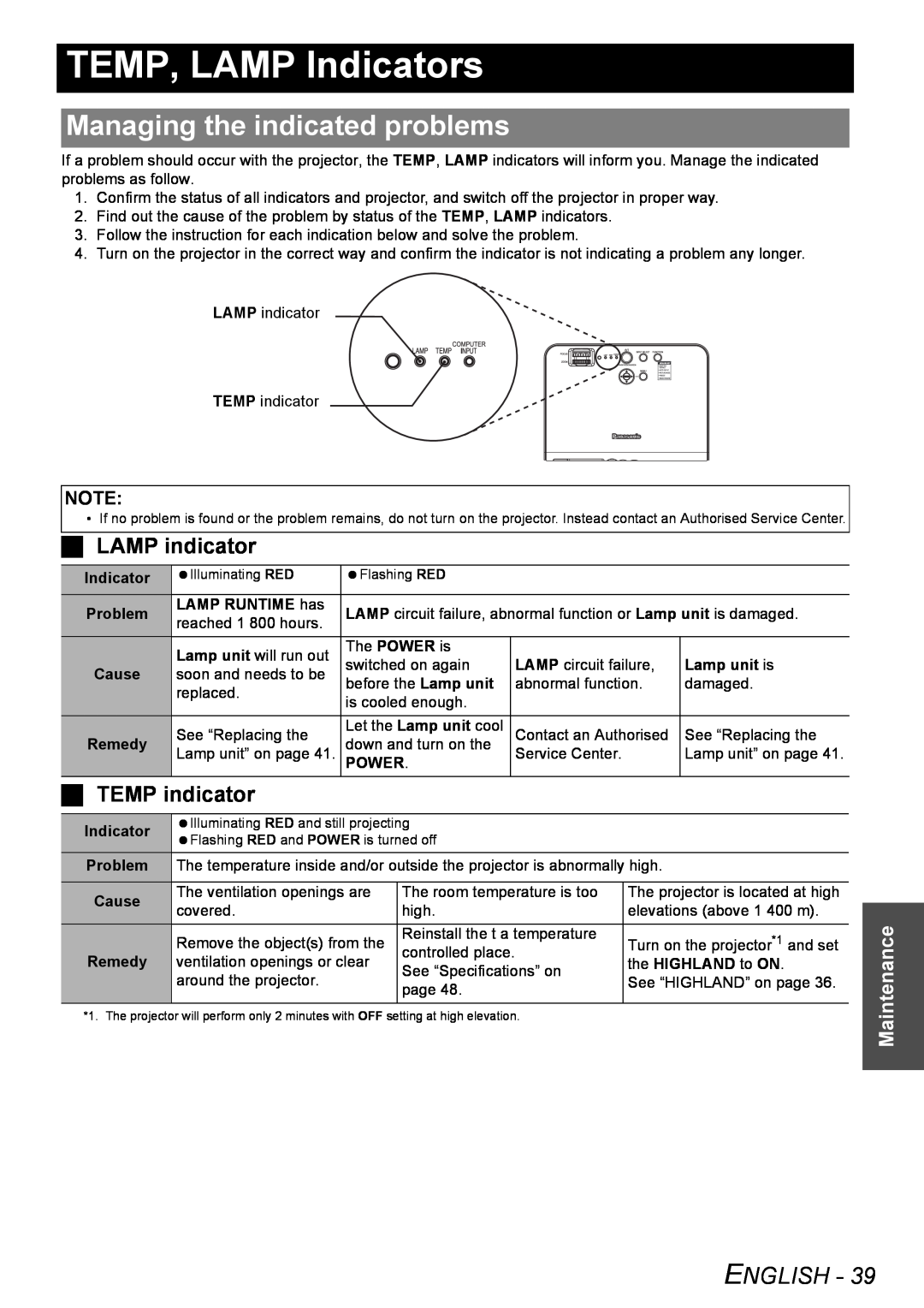 Panasonic PT-LB51NTU TEMP, LAMP Indicators, Managing the indicated problems, LAMP indicator, TEMP indicator, Maintenance 