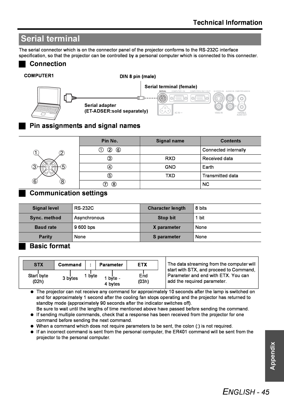 Panasonic PT-LB51NTU Serial terminal, Technical Information, Connection, Pin assignments and signal names, Basic format 