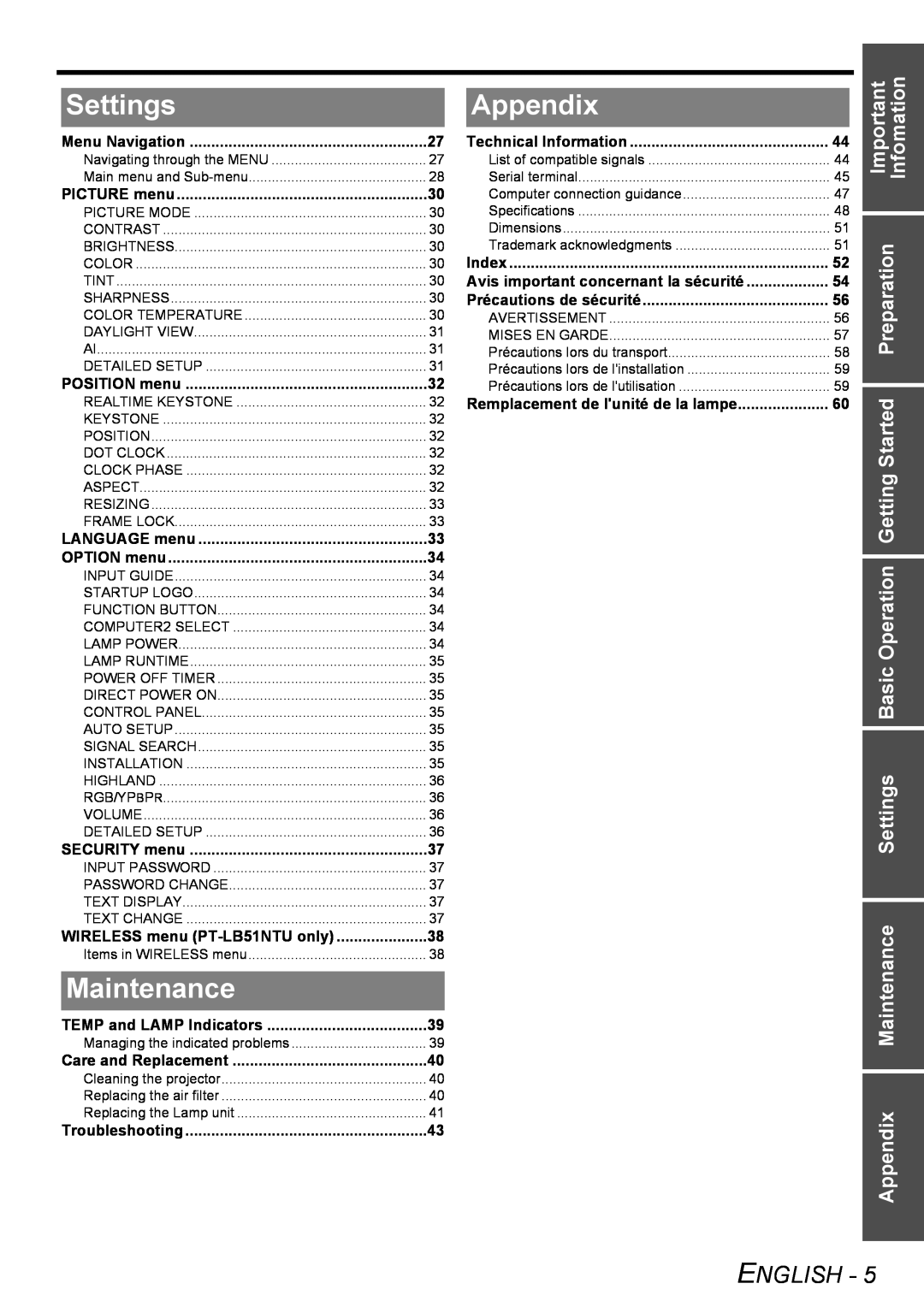 Panasonic PT-LB51NTU Settings, Maintenance, Appendix, Important Infomation, English, Menu Navigation, PICTURE menu, Index 