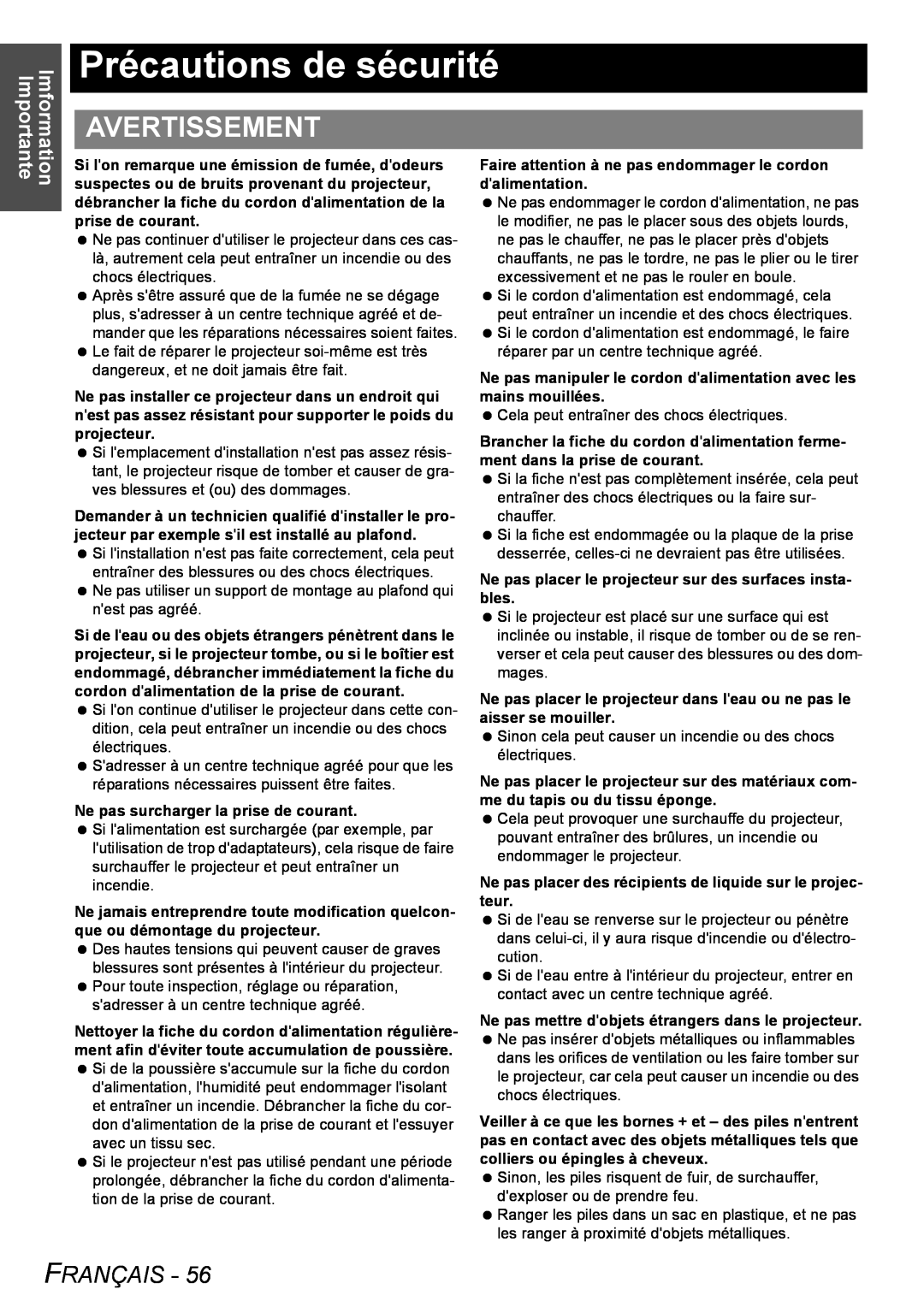 Panasonic PT-LB51NTU operating instructions Précautions de sécurité, Avertissement, Français 