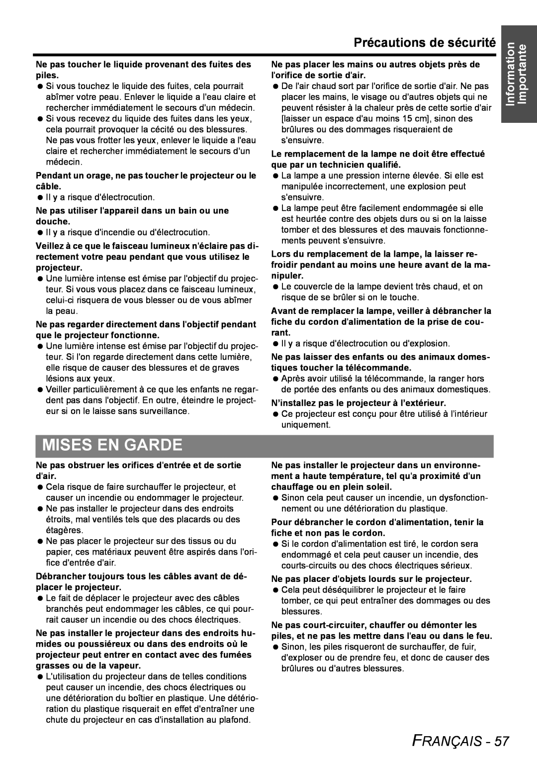Panasonic PT-LB51NTU operating instructions Mises En Garde, Précautions de sécurité, Français 