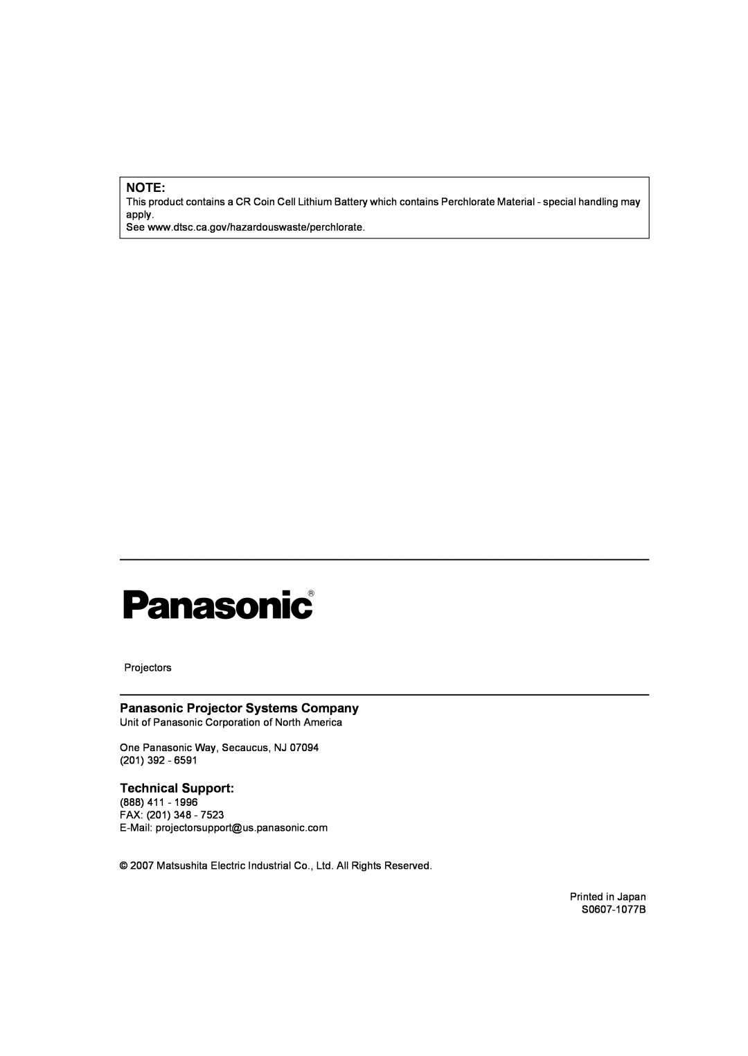 Panasonic PT-LB51NTU Panasonic Projector Systems Company, Technical Support, Projectors, Printed in Japan S0607-1077B 