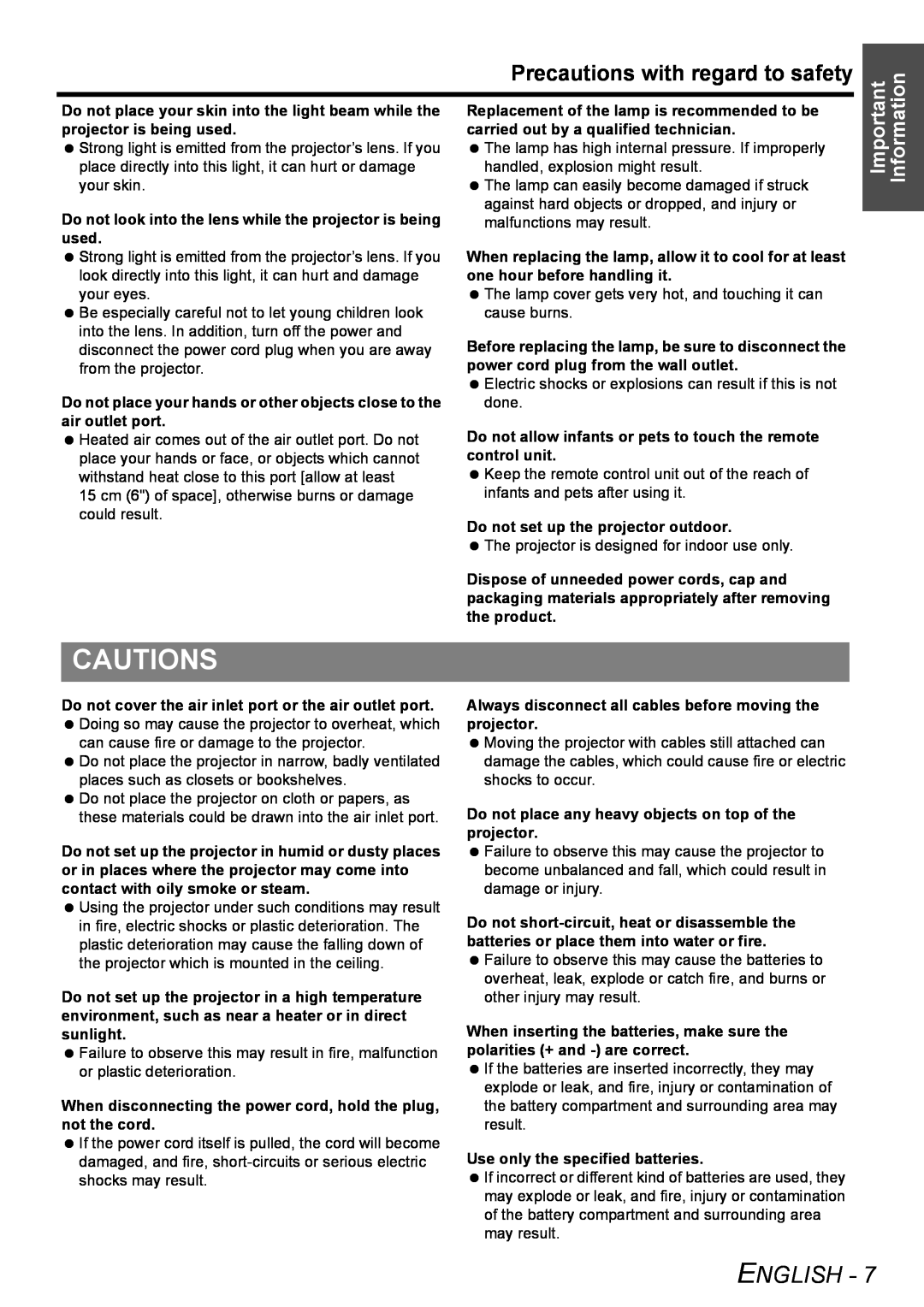 Panasonic PT-LB51NTU operating instructions Cautions, Precautions with regard to safety, English 