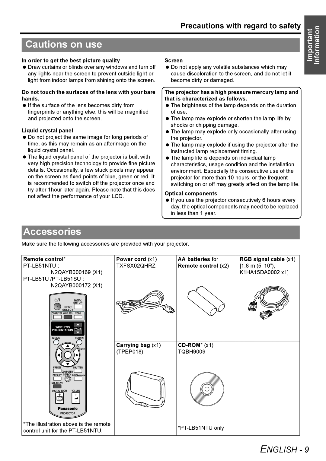 Panasonic PT-LB51NTU Cautions on use, Accessories, English, Precautions with regard to safety, Important Information 