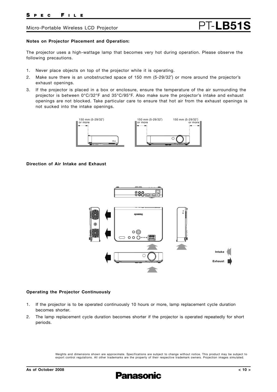 Panasonic PT-LB51S specifications Direction of Air Intake and Exhaust, Operating the Projector Continuously 