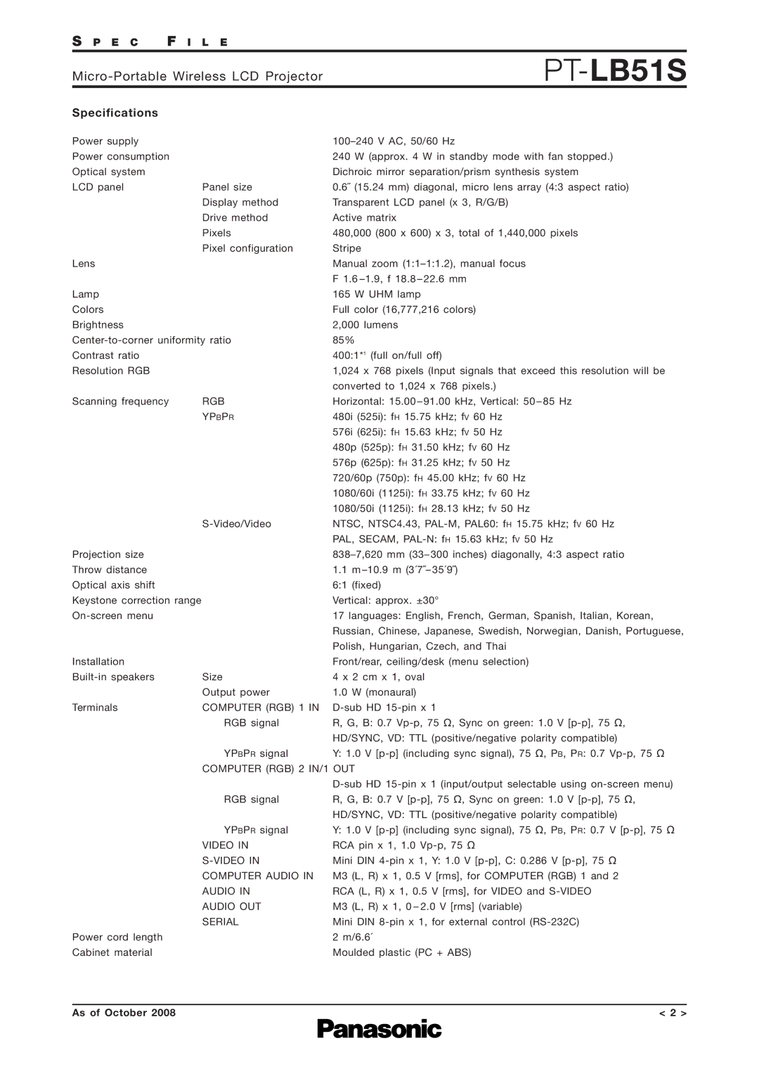 Panasonic PT-LB51S specifications Specifications 