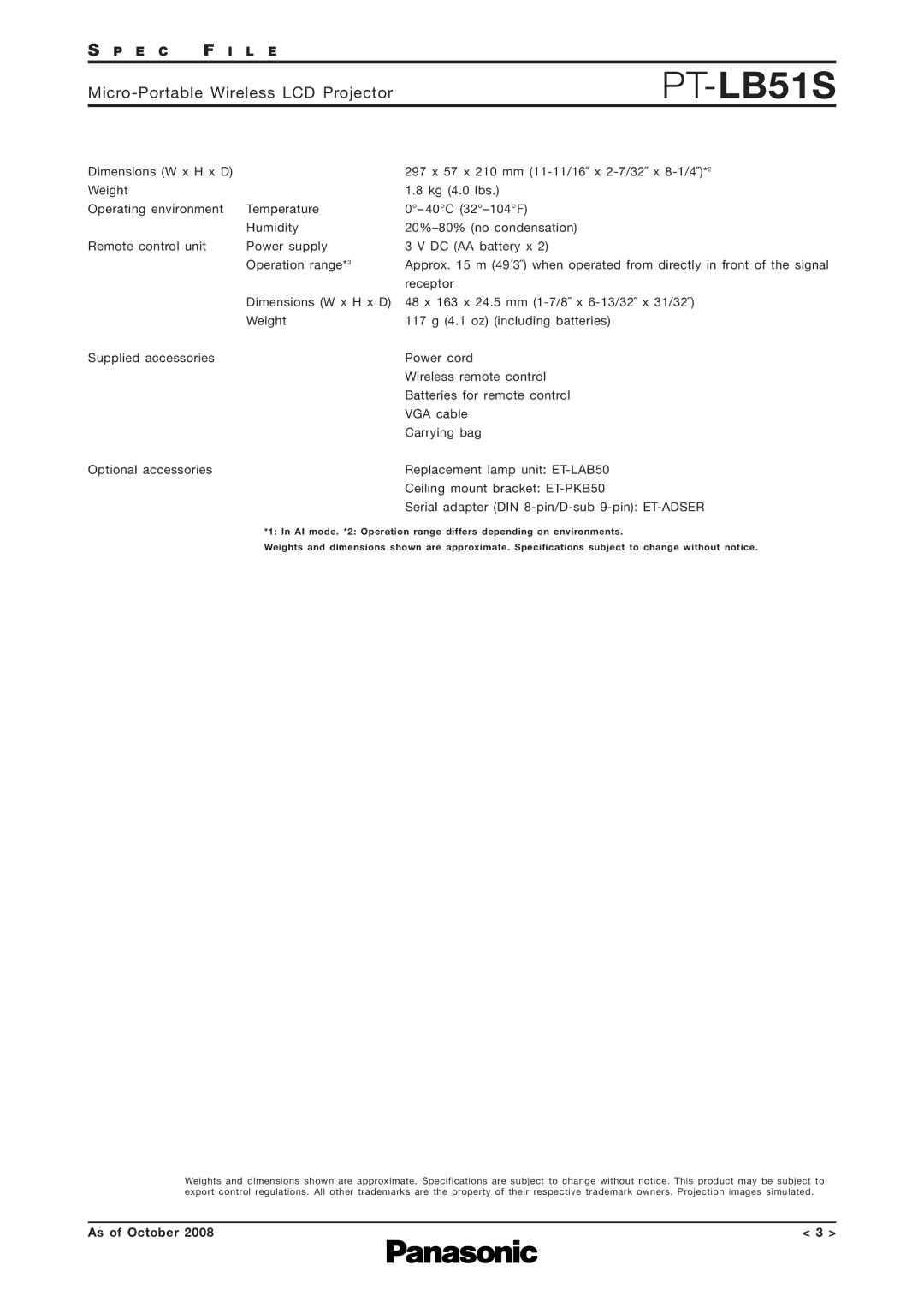 Panasonic PT-LB51S specifications 