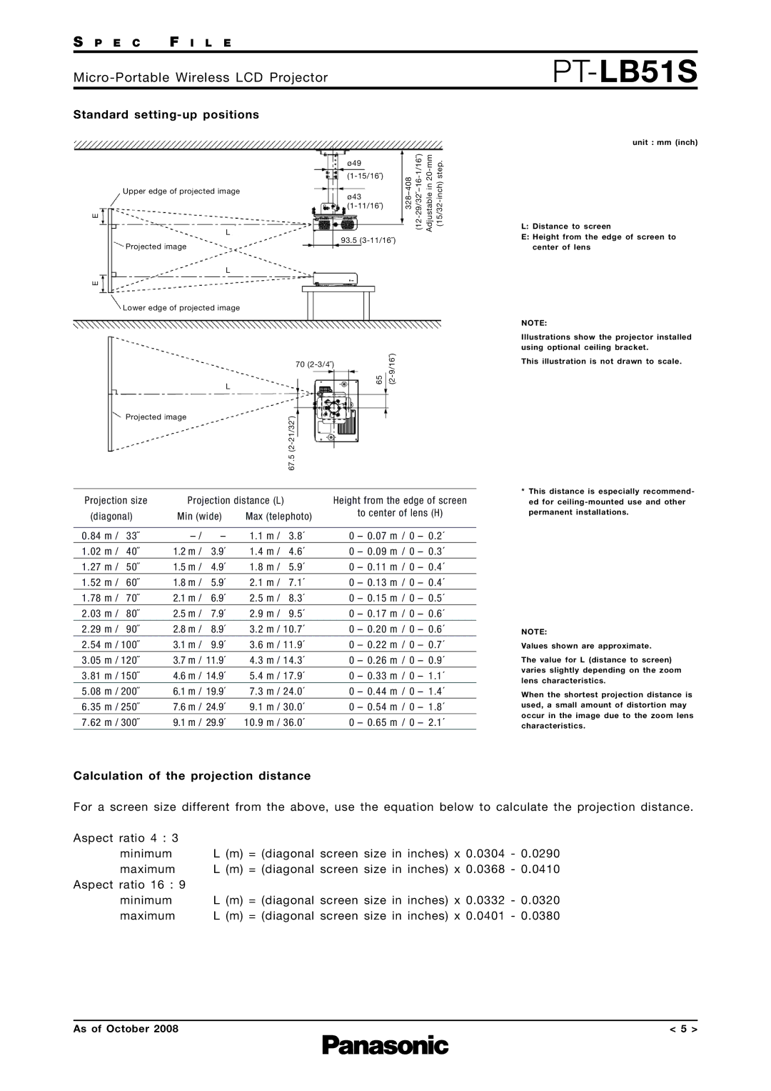 Panasonic PT-LB51S specifications Standard setting-up positions, Calculation of the projection distance 