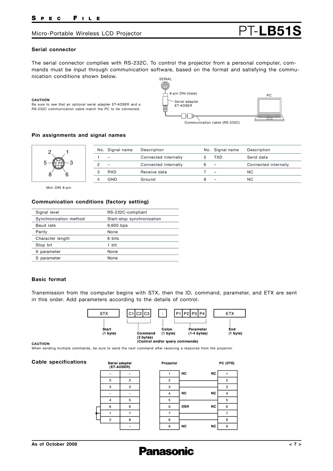 Panasonic PT-LB51S Serial connector, Pin assignments and signal names, Communication conditions factory setting 