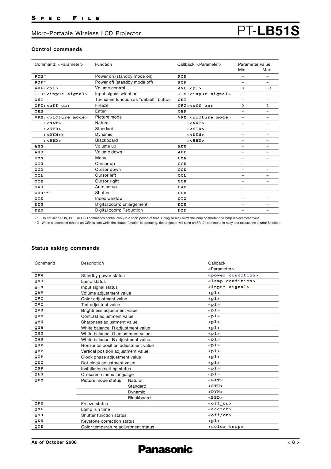 Panasonic PT-LB51S specifications Control commands, Status asking commands 