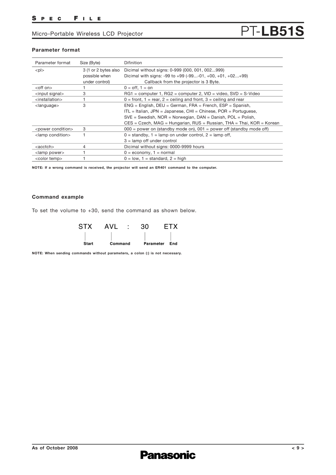 Panasonic PT-LB51S specifications Parameter format, Command example 