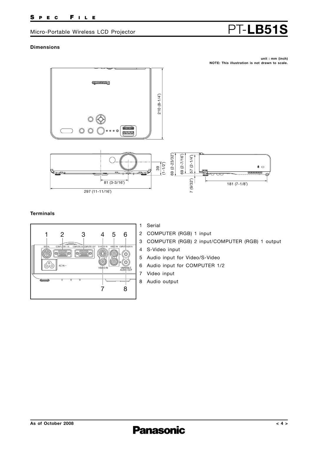 Panasonic PT-LB51S Dimensions, Terminals, Micro-Portable Wireless LCD Projector, S P E C F I L E, As of October 