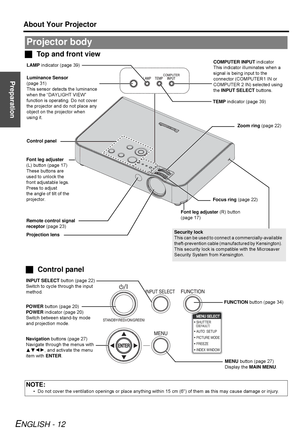 Panasonic PT-LB51SU manual Projector body, Top and front view, Control panel 