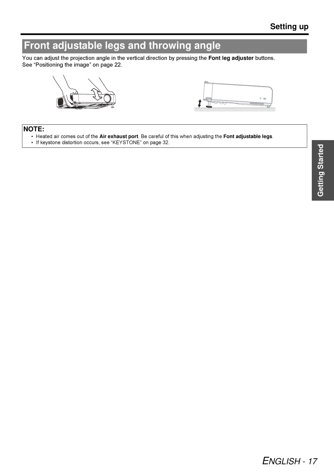 Panasonic PT-LB51SU manual Front adjustable legs and throwing angle 