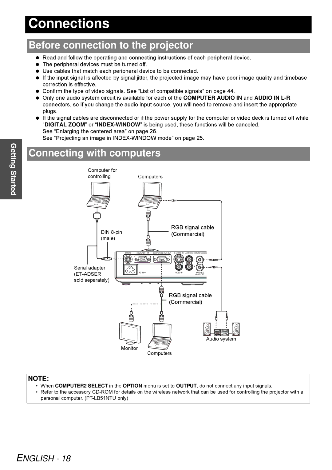 Panasonic PT-LB51SU manual Connections, Before connection to the projector, Connecting with computers 