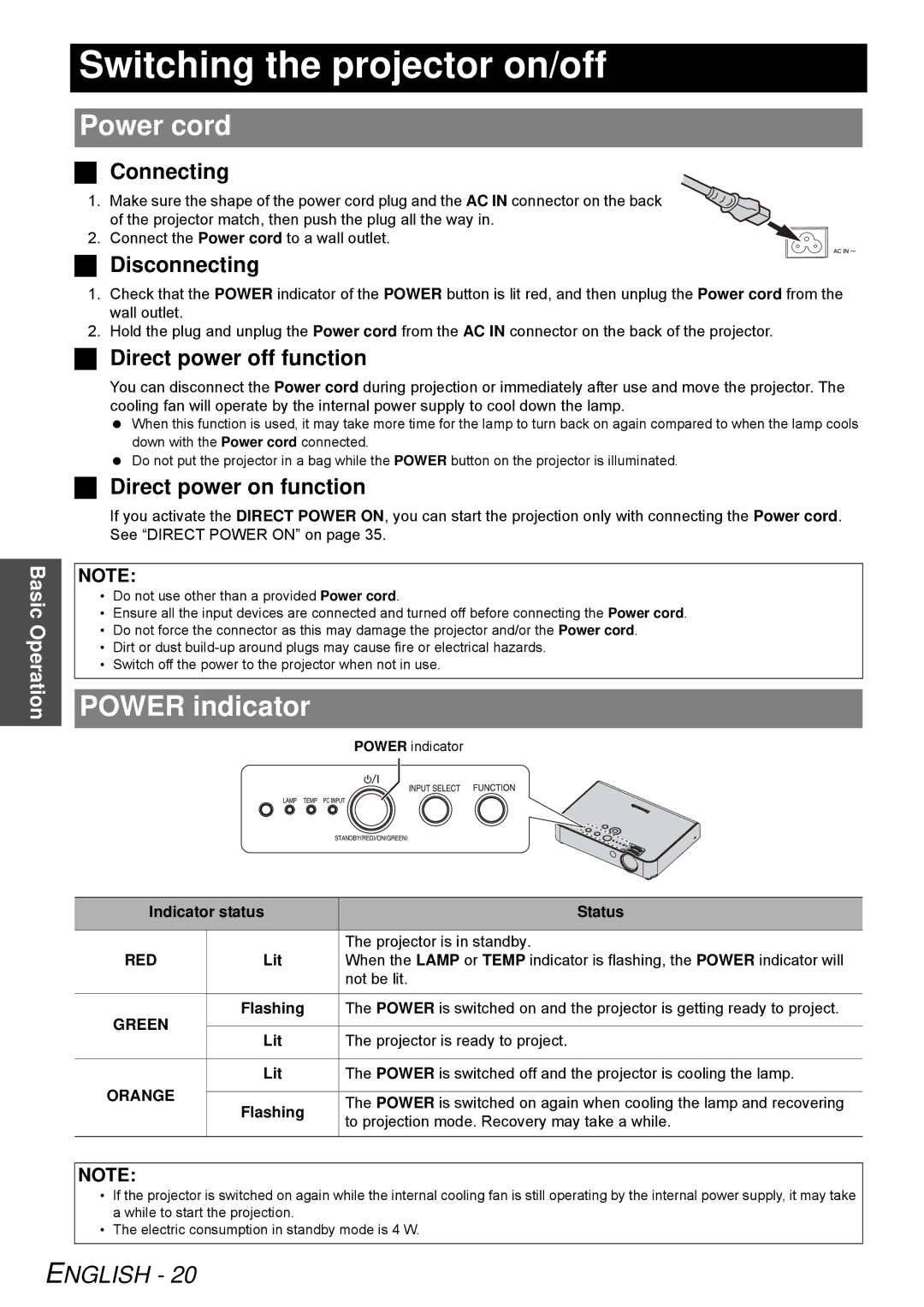 Panasonic PT-LB51SU manual Switching the projector on/off, Power cord, Power indicator 