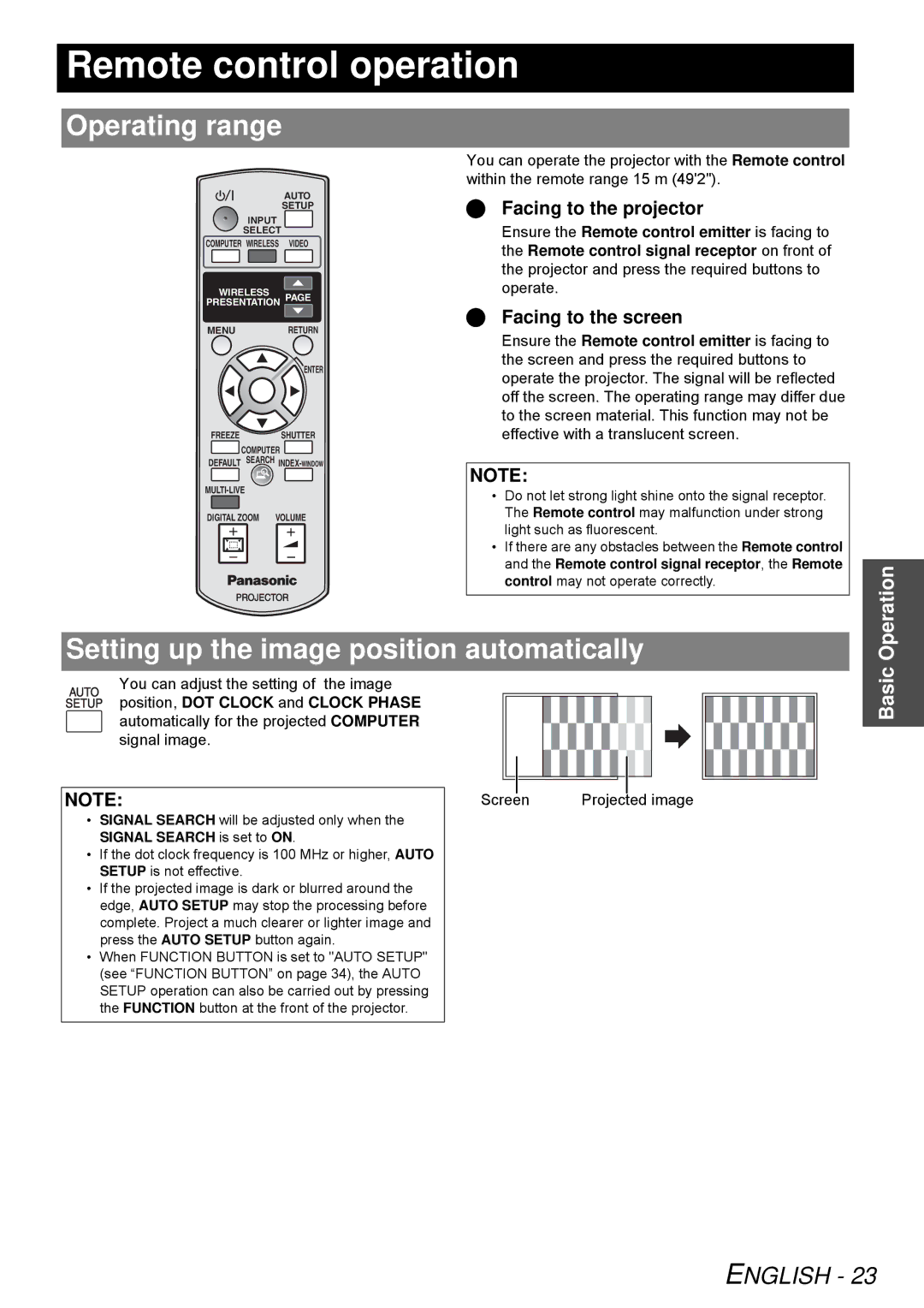 Panasonic PT-LB51SU manual Remote control operation, Operating range, Setting up the image position automatically 