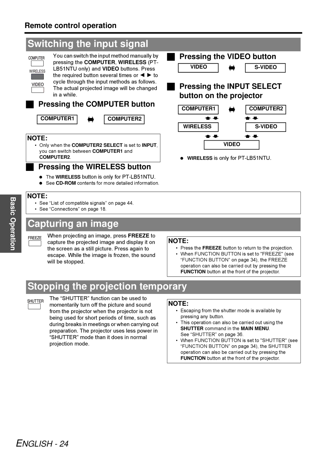 Panasonic PT-LB51SU manual Switching the input signal, Capturing an image, Stopping the projection temporary 