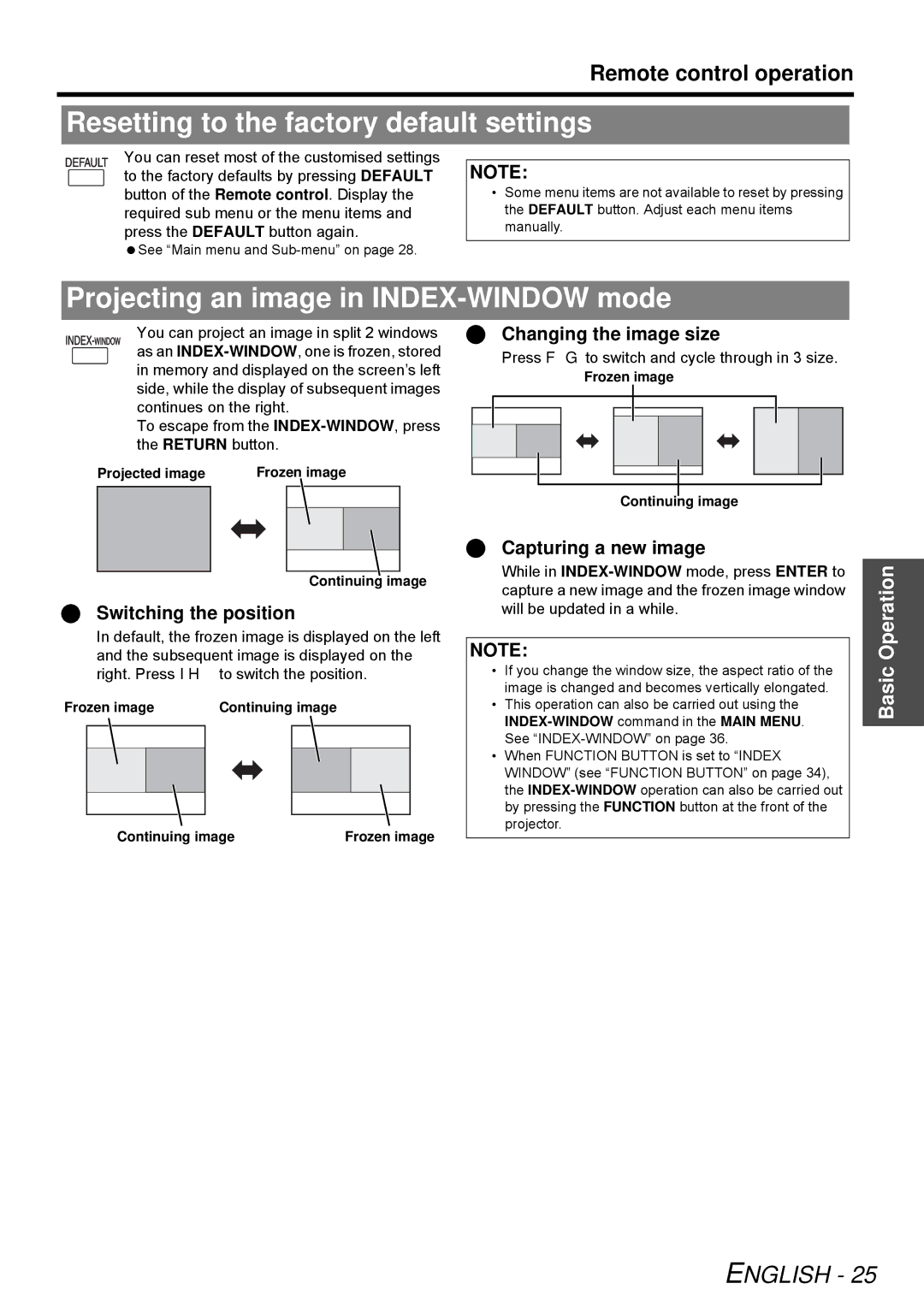 Panasonic PT-LB51SU manual Resetting to the factory default settings, Projecting an image in INDEX-WINDOW mode 