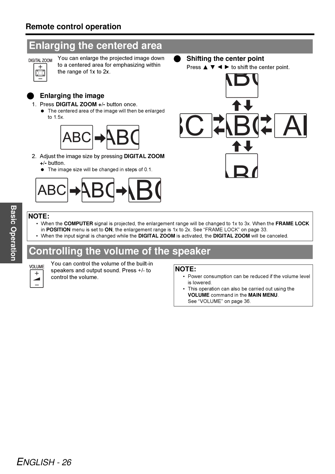 Panasonic PT-LB51SU manual Enlarging the centered area, Controlling the volume of the speaker, Enlarging the image 