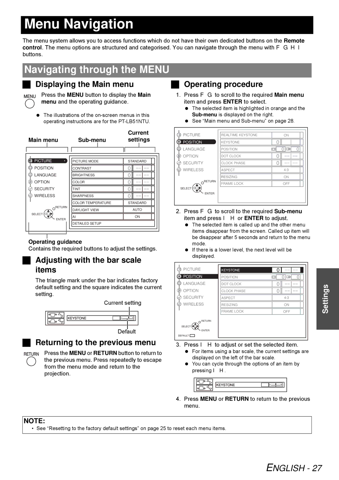 Panasonic PT-LB51SU manual Menu Navigation, Navigating through the Menu 