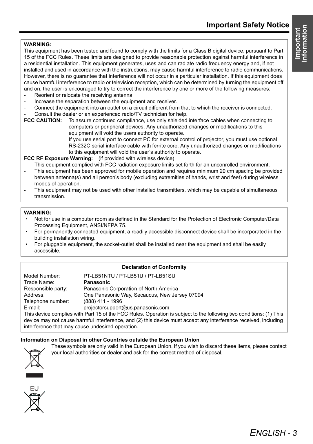 Panasonic PT-LB51SU manual Important Safety Notice, Declaration of Conformity, Panasonic 