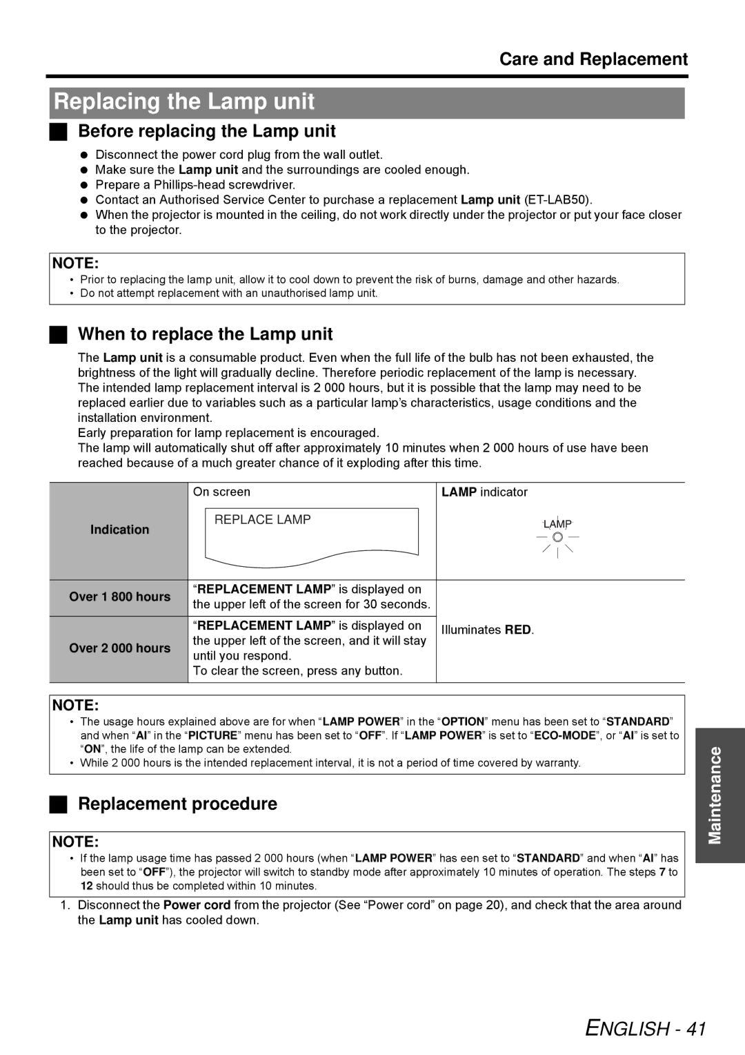 Panasonic PT-LB51SU manual Replacing the Lamp unit, Care and Replacement, Before replacing the Lamp unit 