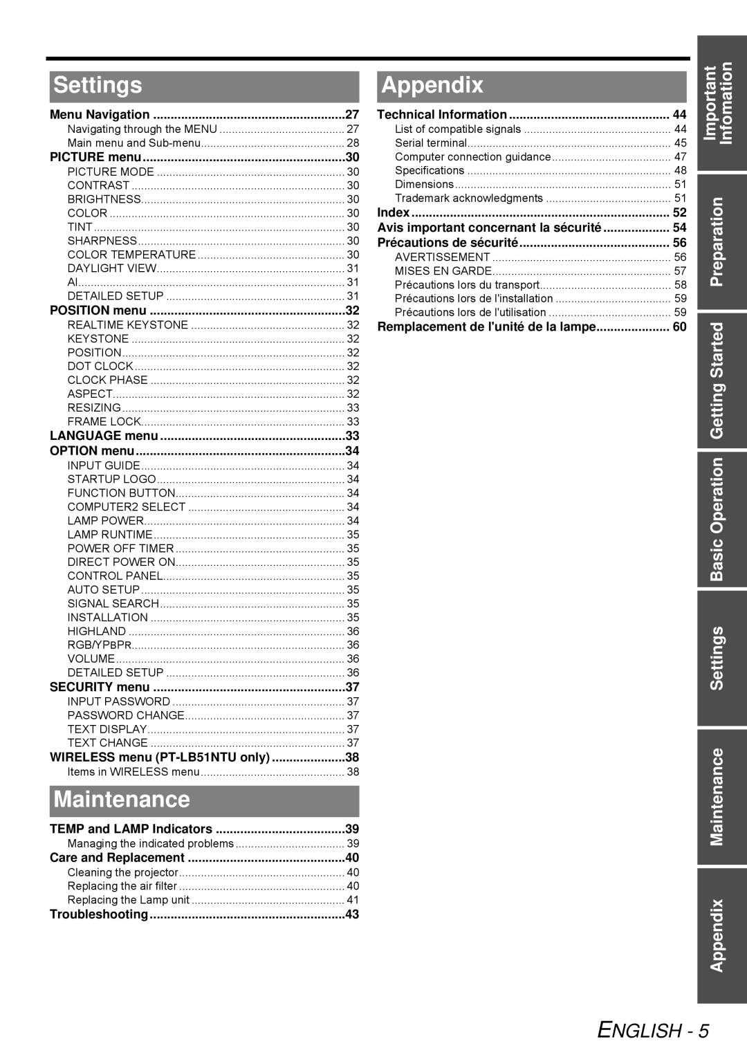 Panasonic PT-LB51SU manual Settings, Maintenance, Appendix 