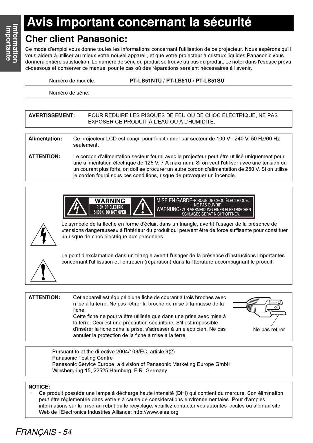 Panasonic Avis important concernant la sécurité, Numéro de modèlePT-LB51NTU / PT-LB51U / PT-LB51SU, Numéro de série 