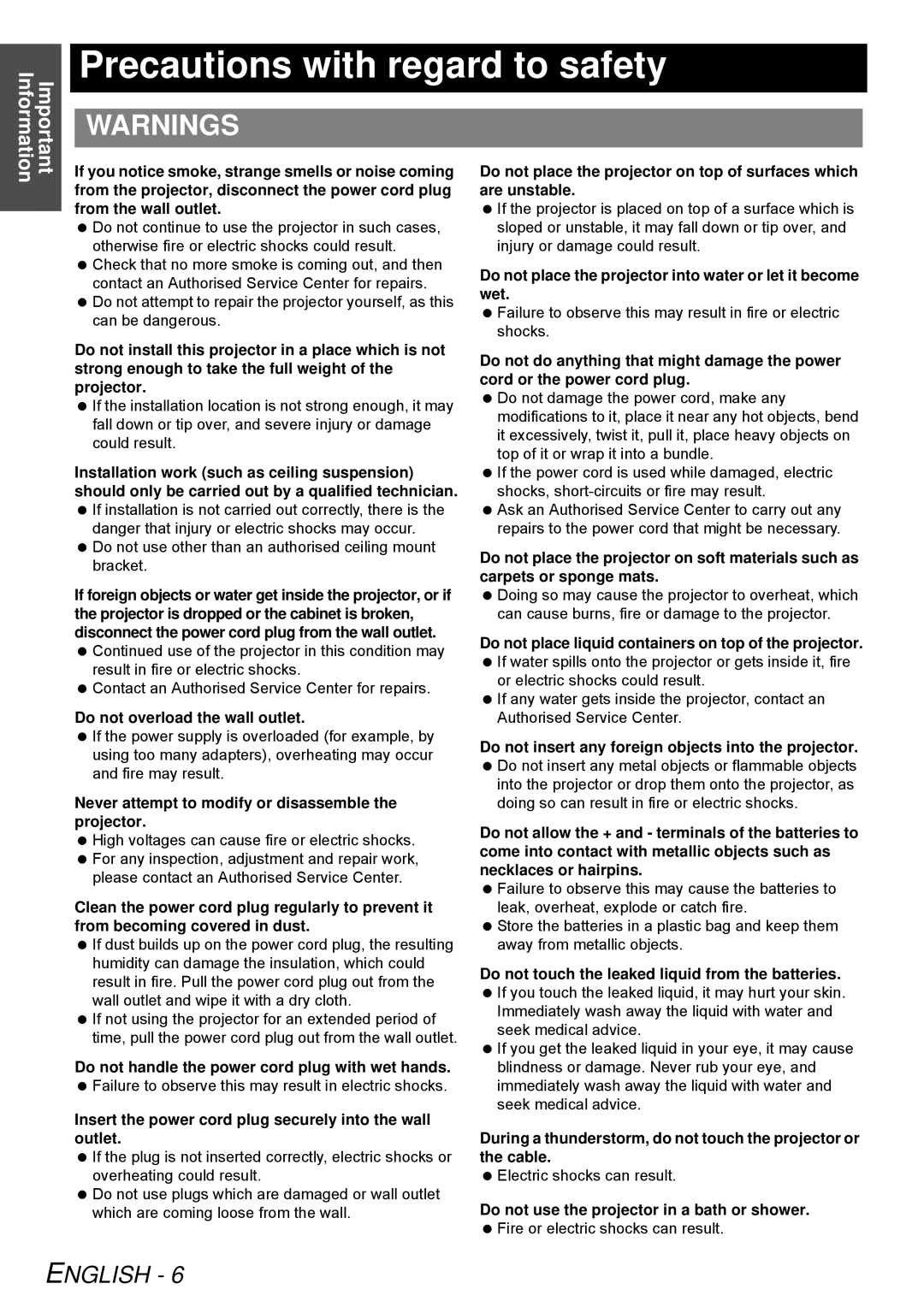 Panasonic PT-LB51SU manual Precautions with regard to safety 