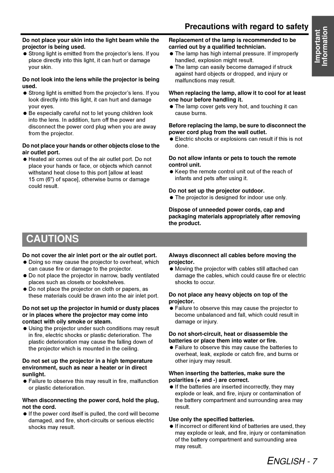 Panasonic PT-LB51SU manual Precautions with regard to safety, Do not look into the lens while the projector is being used 