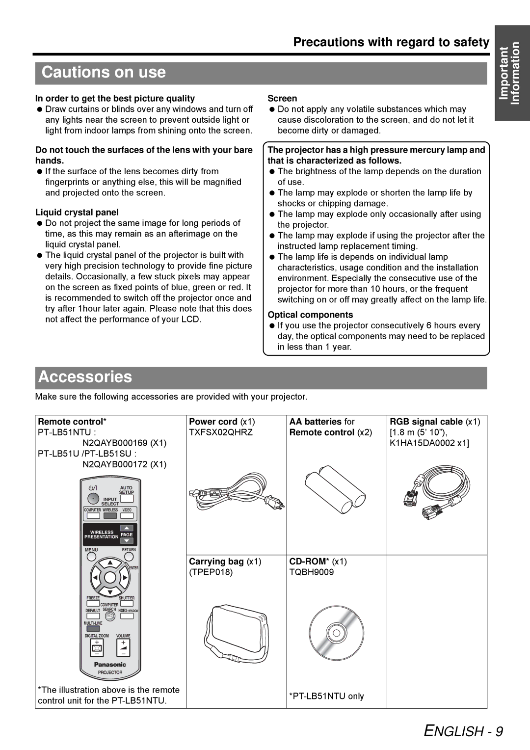 Panasonic PT-LB51SU manual Accessories 