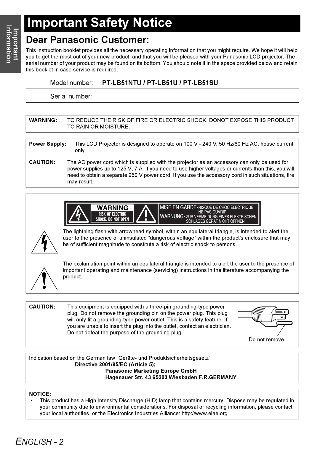 Panasonic manual Important Safety Notice, Model number PT-LB51NTU / PT-LB51U / PT-LB51SU 