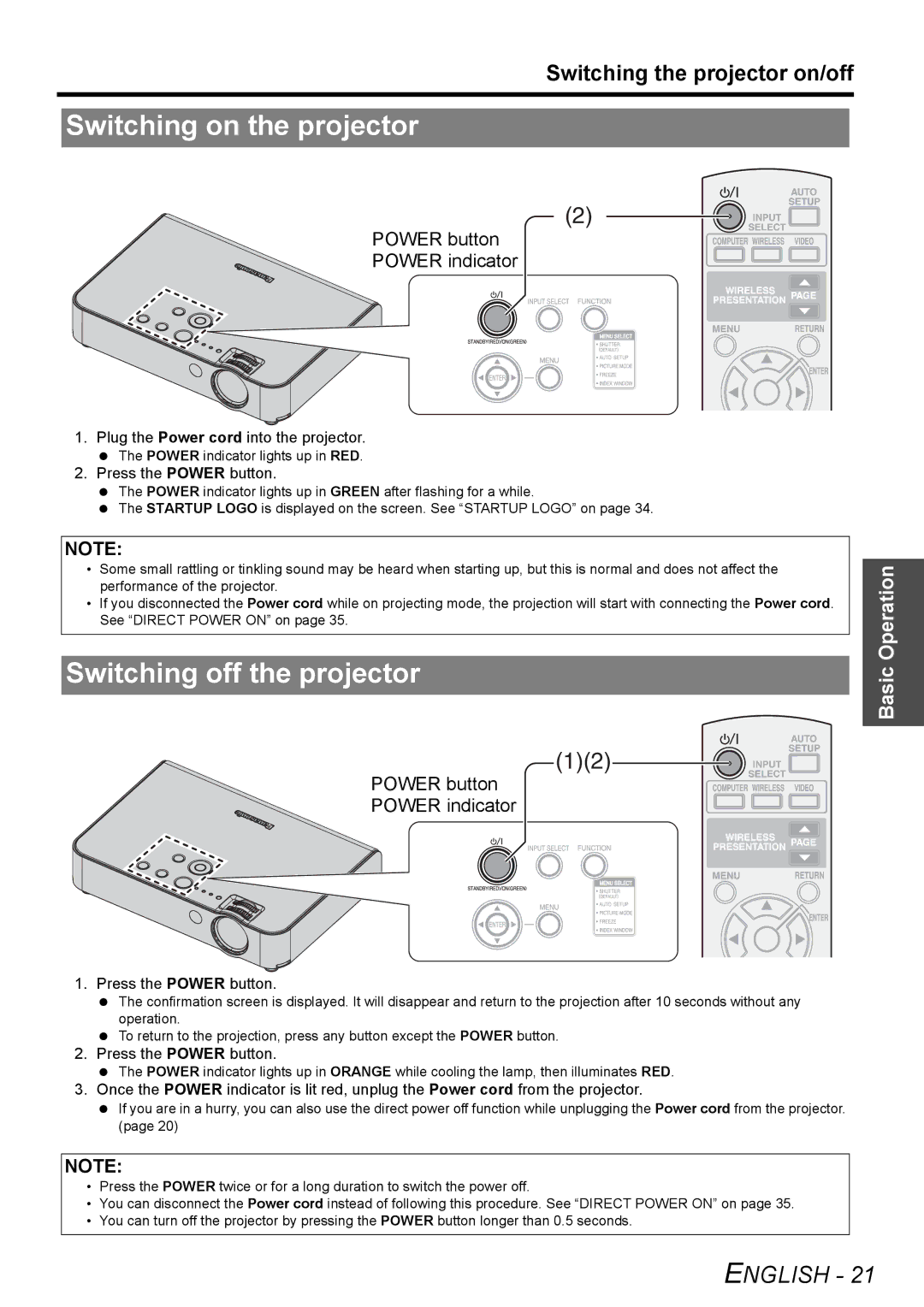 Panasonic PT-LB51U manual Switching on the projector, Switching off the projector, Switching the projector on/off 