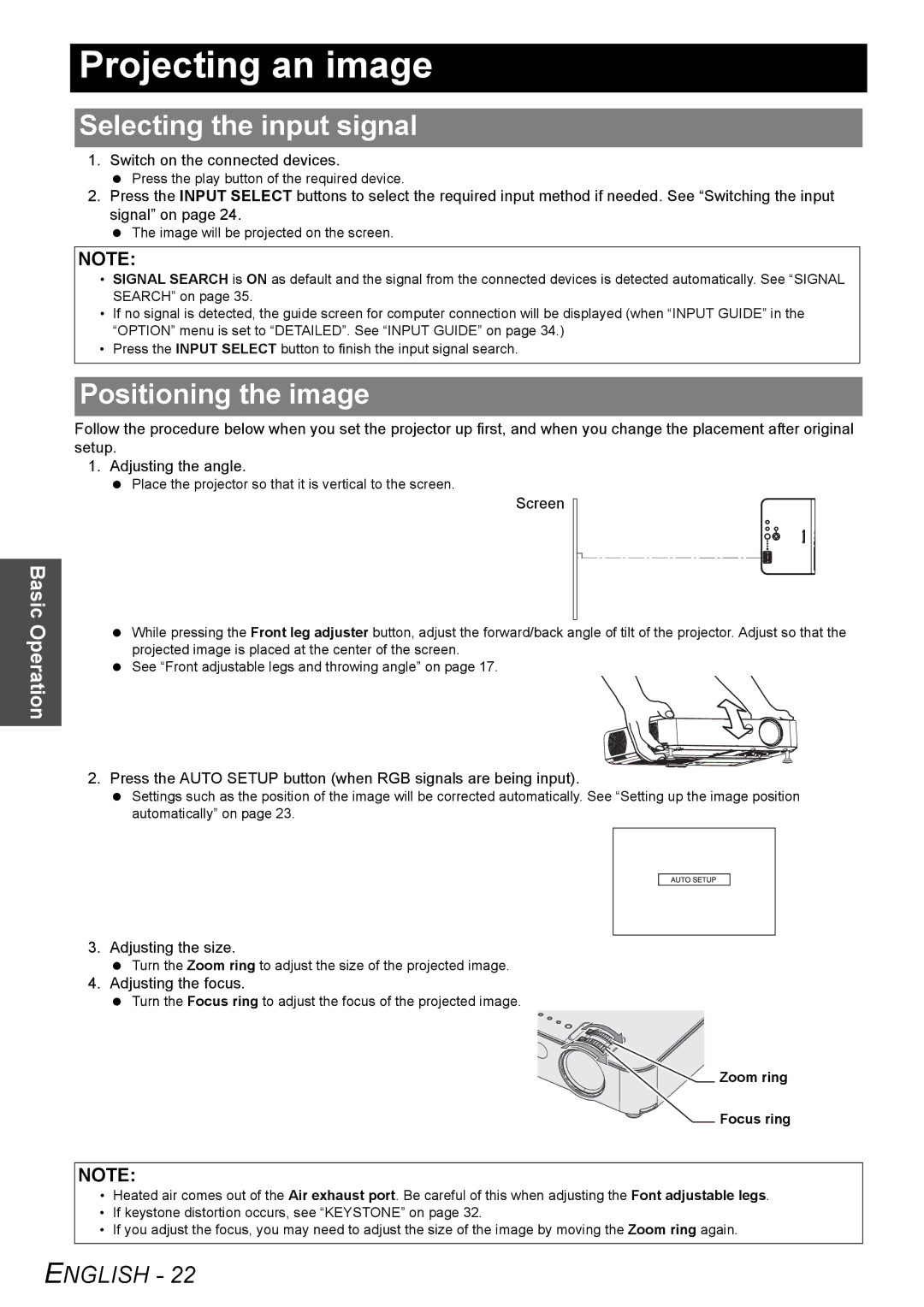 Panasonic PT-LB51U manual Projecting an image, Selecting the input signal, Positioning the image 