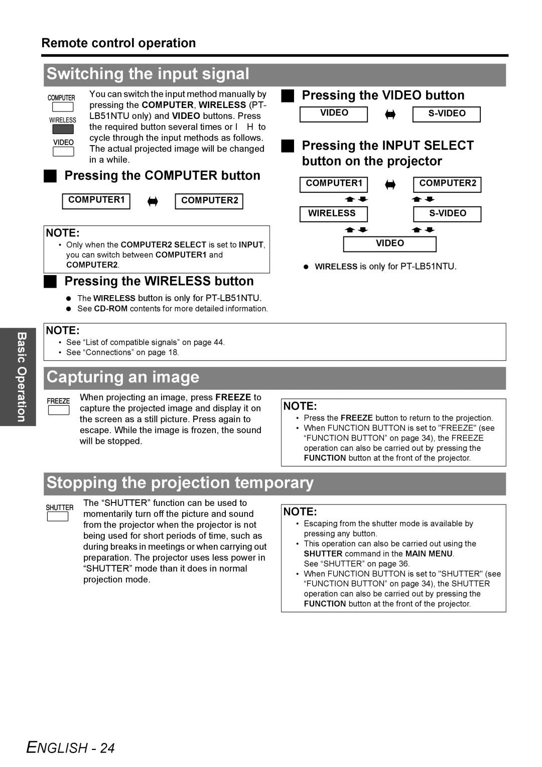 Panasonic PT-LB51U manual Switching the input signal, Capturing an image, Stopping the projection temporary 