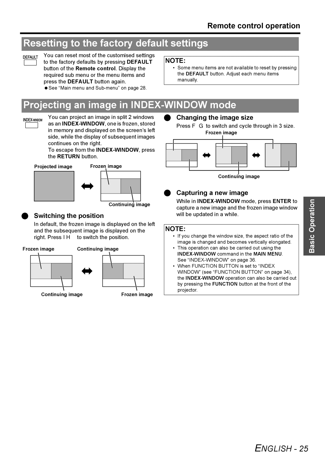 Panasonic PT-LB51U manual Resetting to the factory default settings, Projecting an image in INDEX-WINDOW mode 