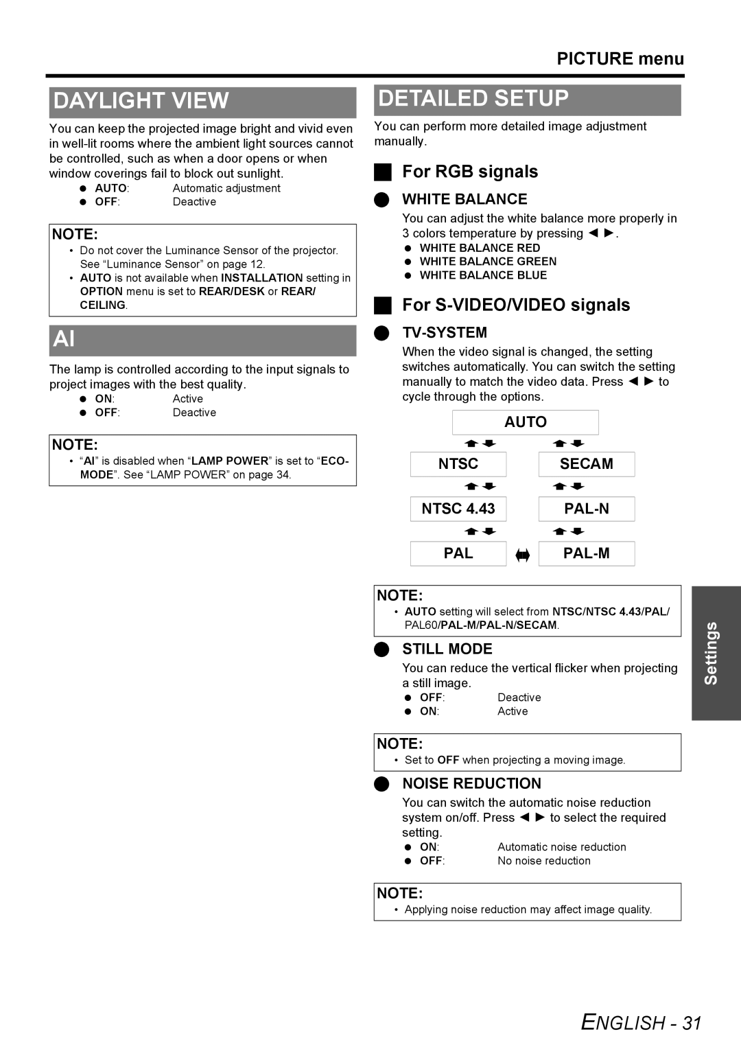 Panasonic PT-LB51U manual Daylight View, Detailed Setup, Picture menu, For RGB signals, For S-VIDEO/VIDEO signals 