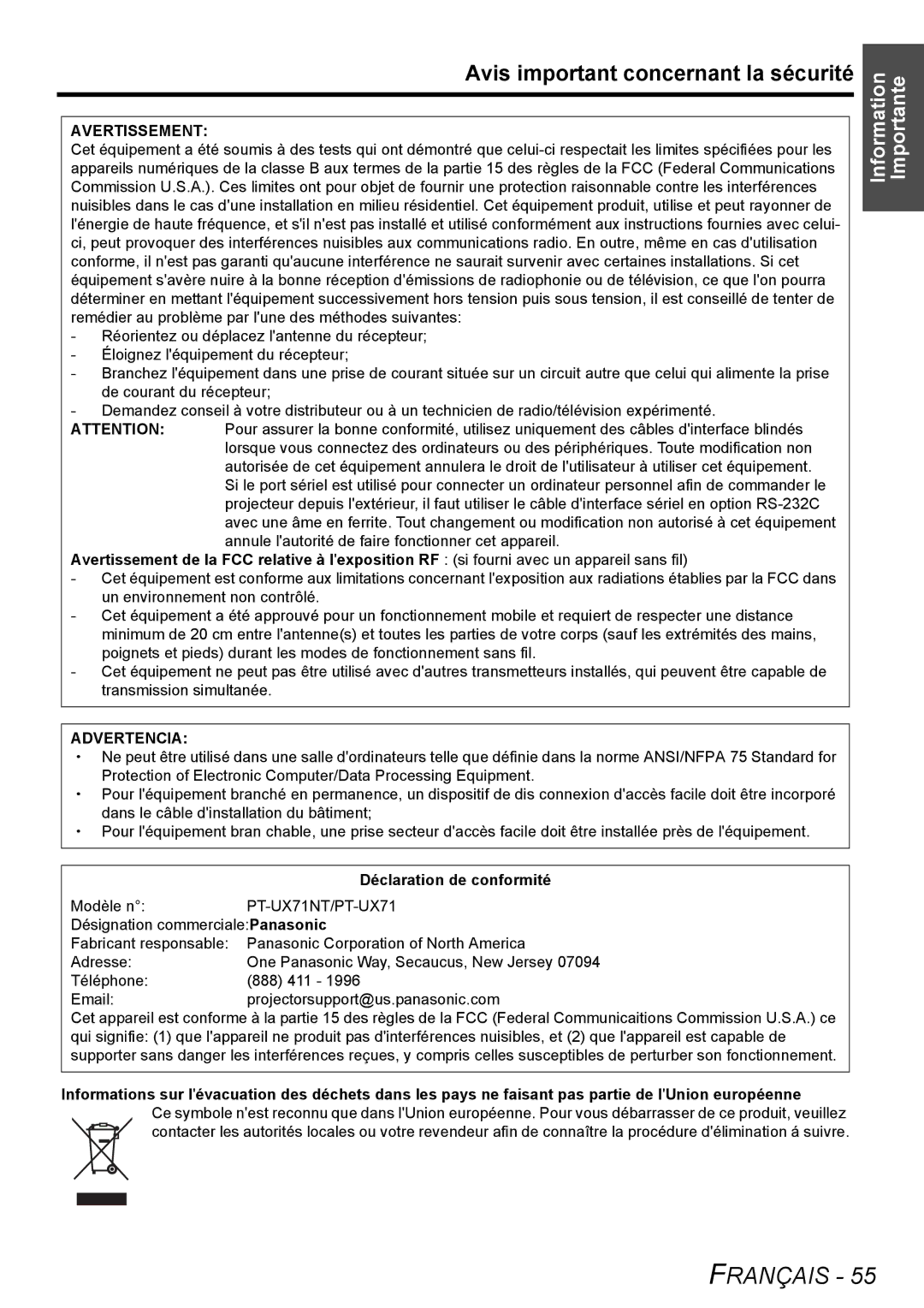 Panasonic PT-LB51U manual Avis important concernant la sécurité, Avertissement, Advertencia, Déclaration de conformité 