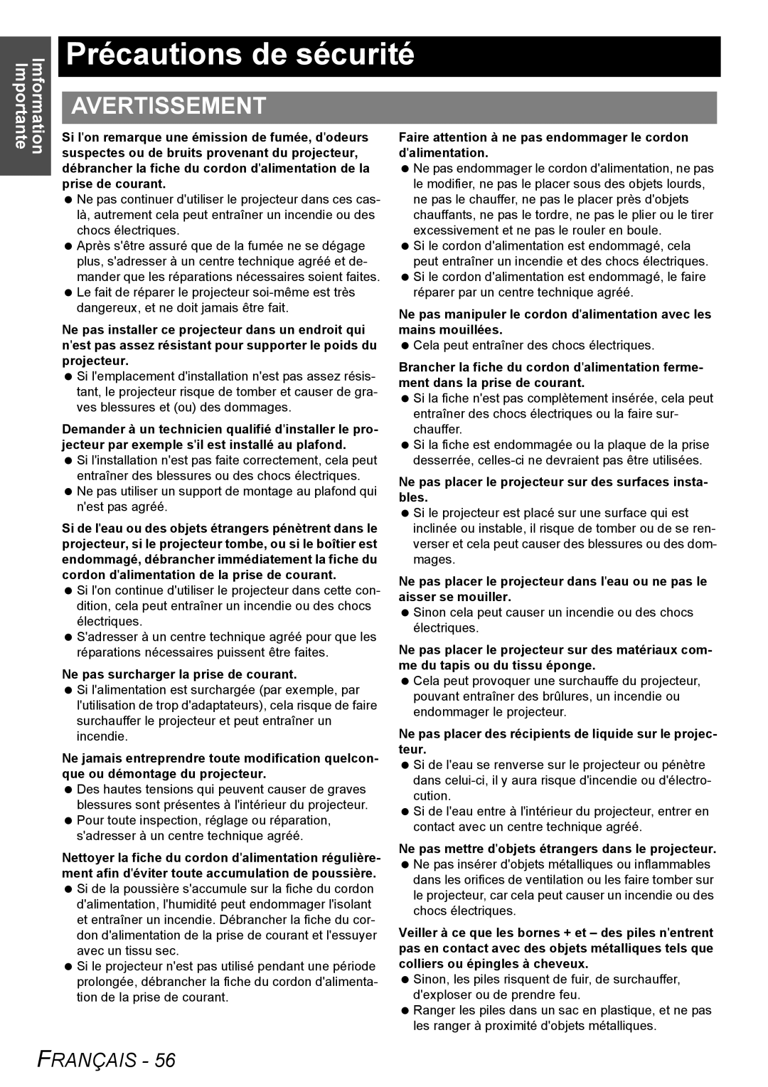 Panasonic PT-LB51U manual Précautions de sécurité, Avertissement 