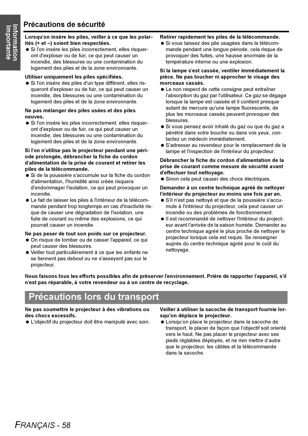 Panasonic PT-LB51U manual Précautions lors du transport, Utiliser uniquement les piles spécifiées 