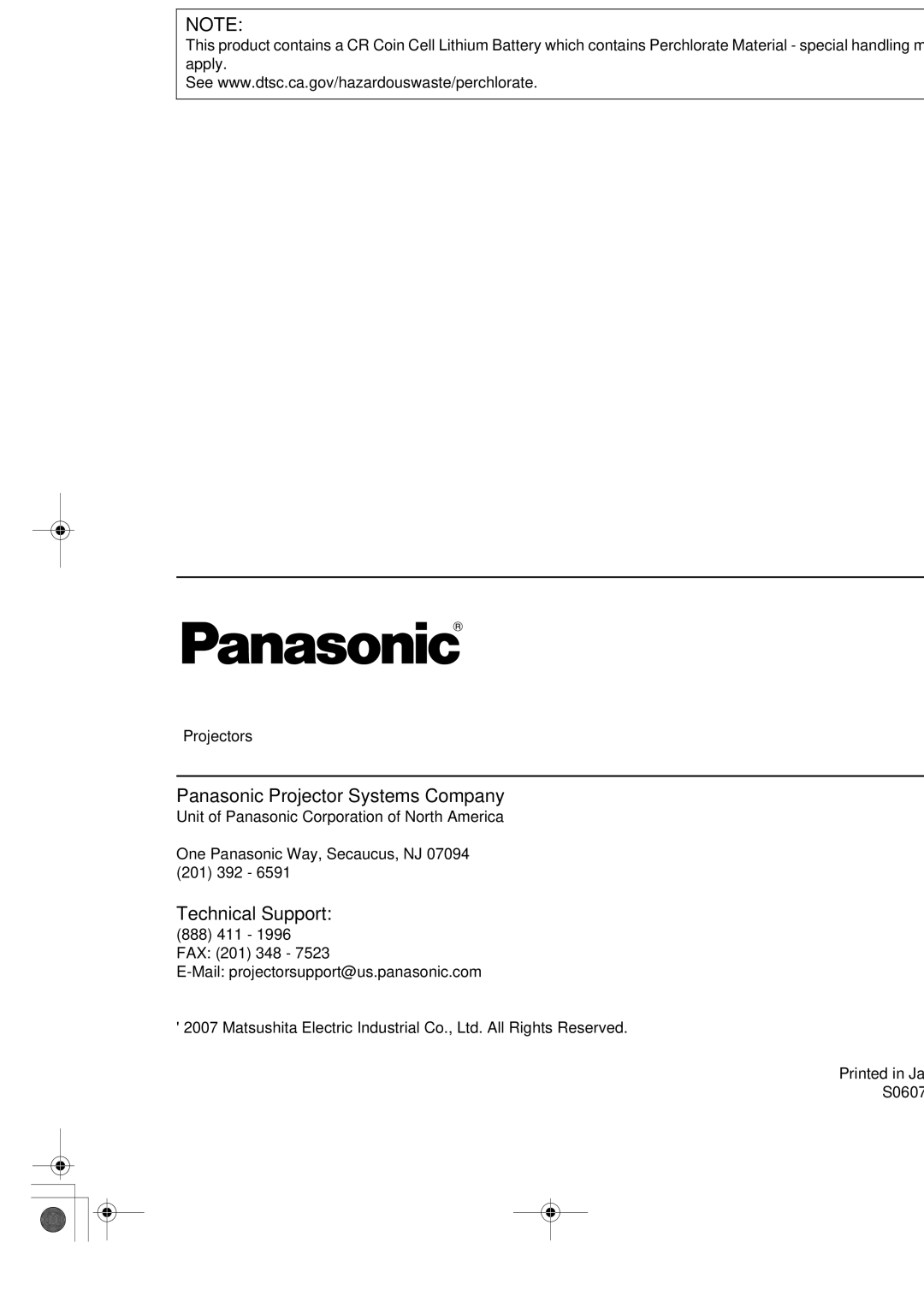 Panasonic PT-LB51U manual Panasonic Projector Systems Company, Technical Support 