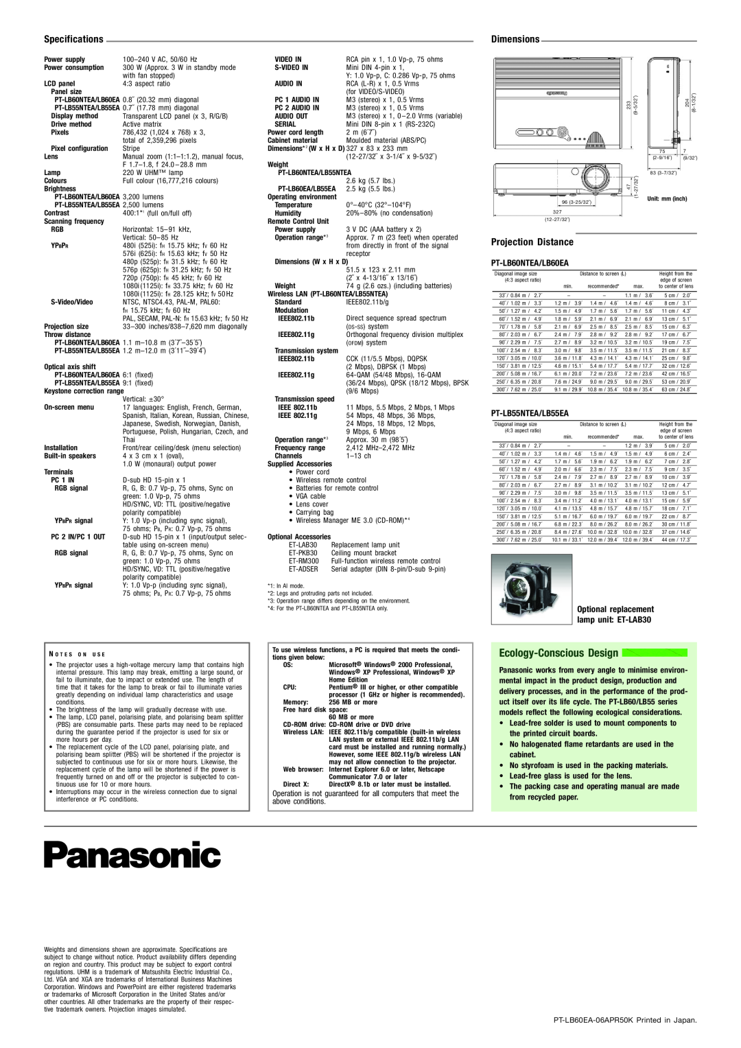Panasonic PT-LB55NTEA, PT-LB60NTEA, PT-LB55EA, PT-LB60EA manual Specifications, Dimensions, Ecology-Conscious Design 